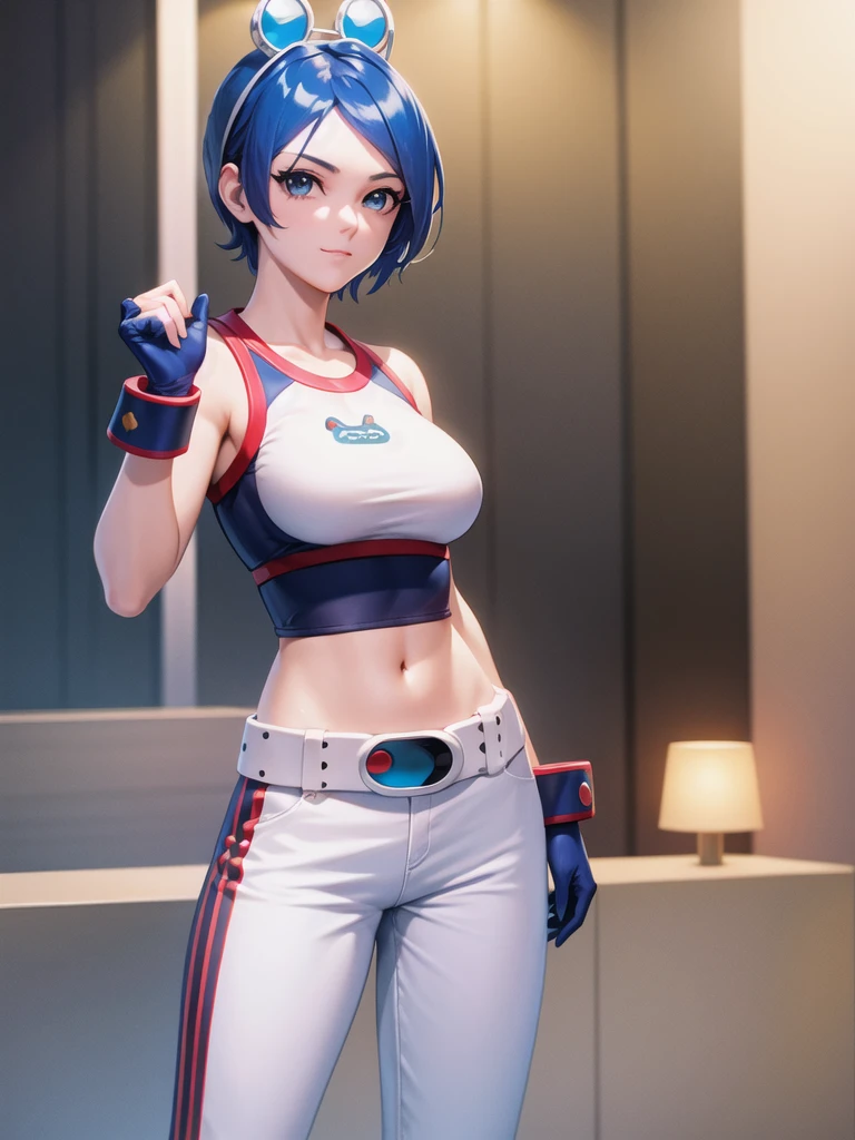 (at night), in a video game scene, a background of a beautiful city during the day raining, standing at attention, semi-short blue hair, blouse with an anime frog face, white flared pants, wearing blue fingerless exercise gloves, has round goggles on her head, huge belt with a round eyeglass, ((blue hair)), 1 girl, alone, 20 years old, young woman, perfect hands, beautiful fingers, beautiful long legs, beautiful body, beautiful nose, beautiful design of characters, perfect face, looking at the viewer with serious gesture (focusing on his face), closed mouth, Light_Smile, official art, extremely detailed CG unity 8k wallpaper, perfect lighting, bright and colorful front lighting, glowing skin (masterpiece : 1.0), (best_quality: 1.0), ultra high resolution, 4K, ultra detailed photography, 8K, HDR, high resolution, nonsense:1.2, Kodak portra 400, film grain, background blur, bokeh:1.2, lens flare, (vibrant_color:1.2), professional photography, (beautiful_face: 1.5), (narrow waist),