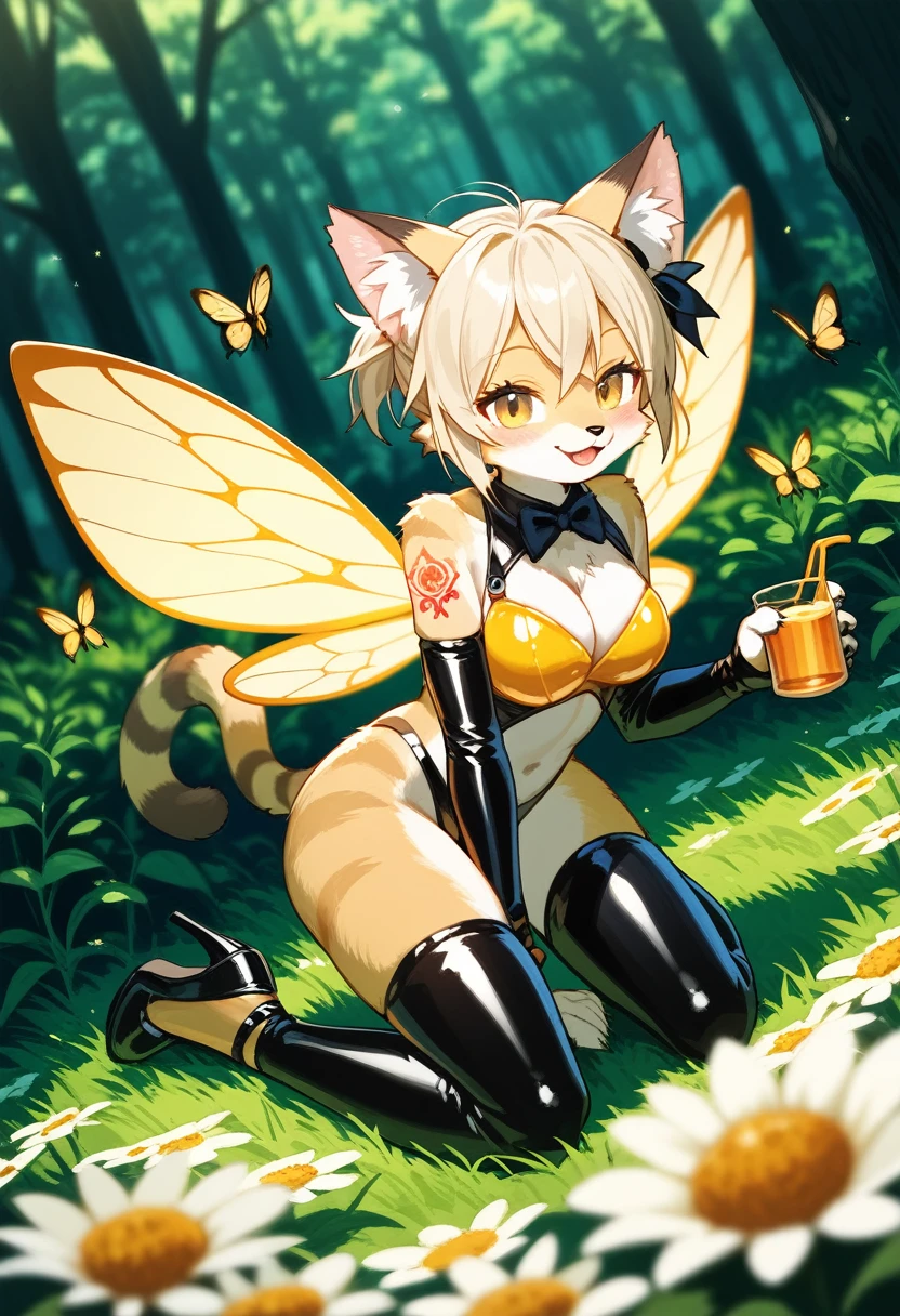 Highest quality, Highest quality, High quality illustrations, masterpiece, Ultra-high resolution, Detailed Background, bee蜜のプール, in the forest, Flower Field, Absurd, Perfect Anatomy, performance, Good lighting, Shadows in the movies(kemono, Furry PersonifiCation), Cat, bee, Honey Latex, bee蜜のローション, neon, neonカラー, cyber punk, 蜜beeの衣装, 蜜beeコスプレ, ラバーの蜜beeの尻尾, Bee Wings, enamel, bee蜜のプール, bee蜜のローションを浴びている, bee蜜のスライムを纏っている, Tattoo, bee蜜を体に塗る, High heels, Kneeling, Dynamic Angle