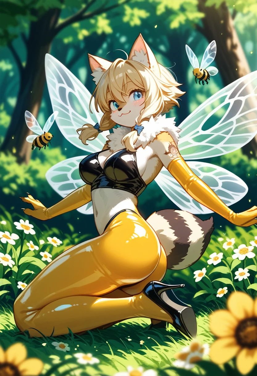 Highest quality, Highest quality, High quality illustrations, masterpiece, Ultra-high resolution, Detailed Background, bee蜜のプール, in the forest, Flower Field, Absurd, Perfect Anatomy, performance, Good lighting, Shadows in the movies(kemono, Furry PersonifiCation), Cat, bee, Honey Latex, bee蜜のローション, neon, neonカラー, cyber punk, 蜜beeの衣装, 蜜beeコスプレ, ラバーの蜜beeの尻尾, Bee Wings, enamel, bee蜜のプール, bee蜜のローションを浴びている, bee蜜のスライムを纏っている, Tattoo, bee蜜を体に塗る, High heels, Kneeling, Dynamic Angle