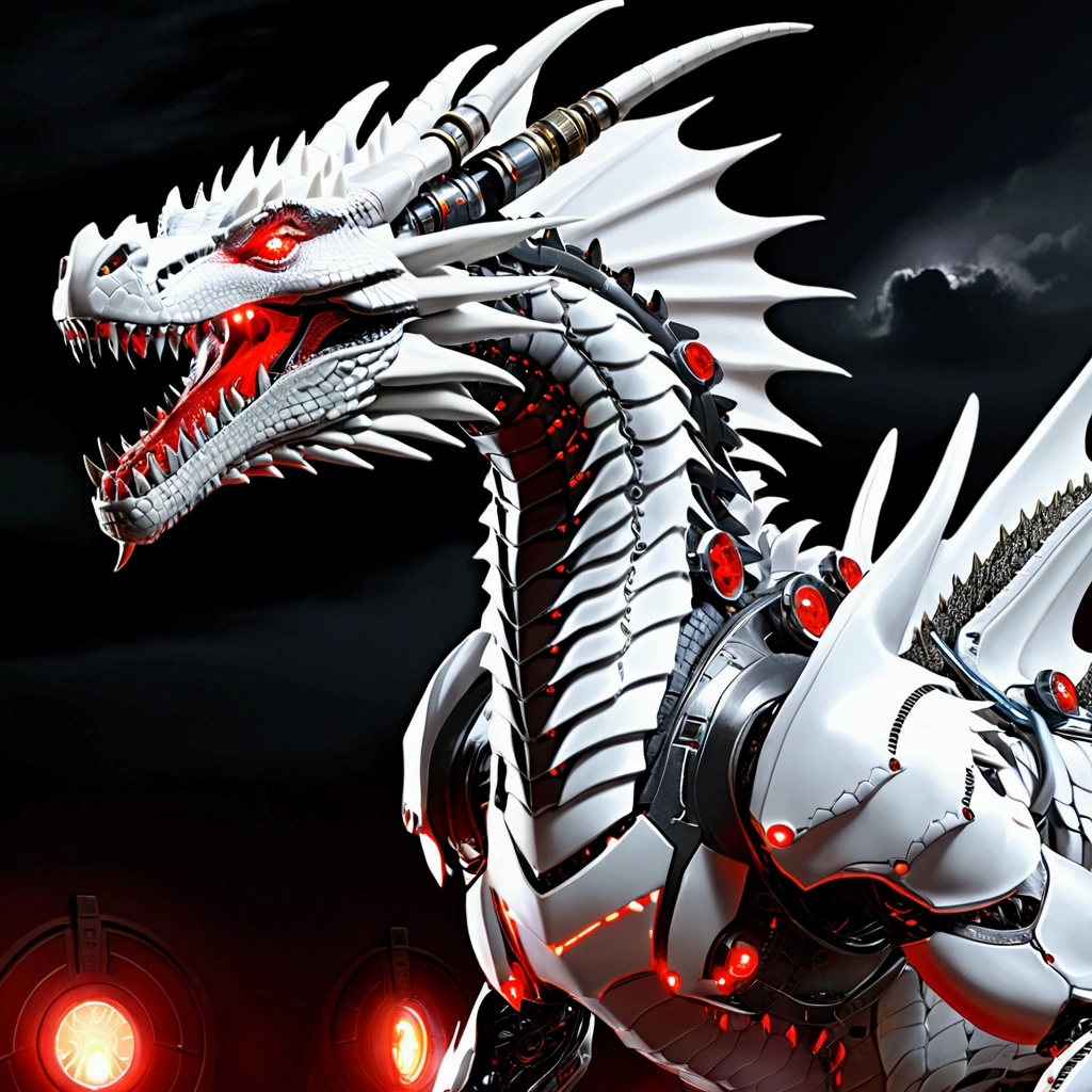 there is a white dragon with red lights on its body, sci-fi crocodile alien, well armored mech dragon, sci-fi lizardman, sharp sleek cyborg dragon head, sharp robot dragon claws, cyborg dragon portrait, riding a cyborg raptor, jormungandr, sharp cyborg dragon head, white xenomorph, robot dragon claws, a dragon made of machine parts
