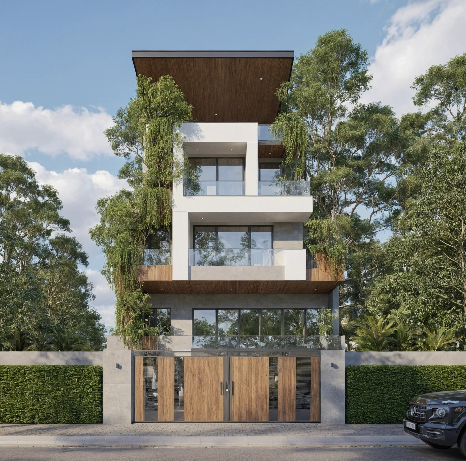 Raw photo,Masterpiece, high quality, best quality, authentic, super detail,
exterior, outdoors, house style modern on the street, glass windows, gate, wooden ceiling,
road,pavement, trees, sky, cloud, (daylight:1.1)