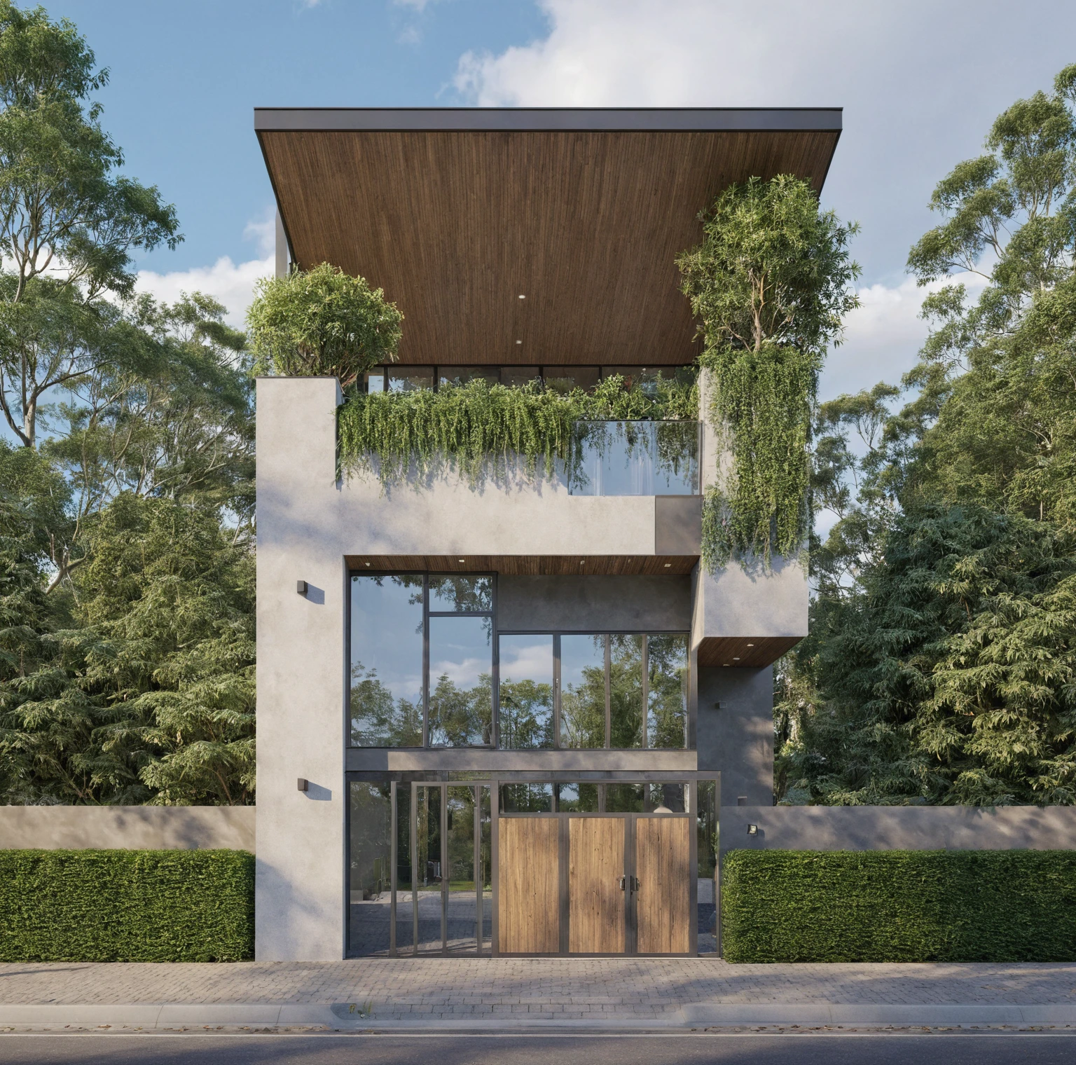 Raw photo,Masterpiece, high quality, best quality, authentic, super detail,
exterior, outdoors, house style modern on the street, glass windows, gate, wooden ceiling,
road,pavement, trees, sky, cloud, (daylight:1.1)