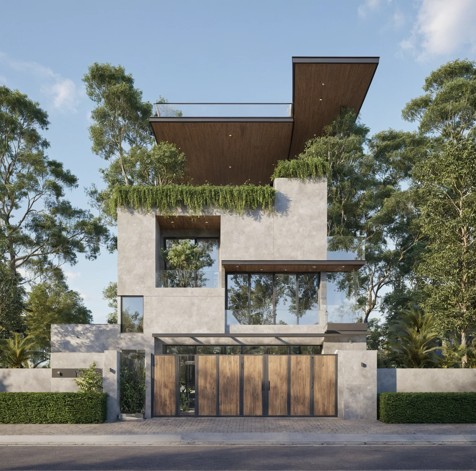 Raw photo,Masterpiece, high quality, best quality, authentic, super detail,
exterior, outdoors, house style modern on the street, glass windows, gate, wooden ceiling,
road,pavement, trees, sky, cloud, (daylight:1.1)