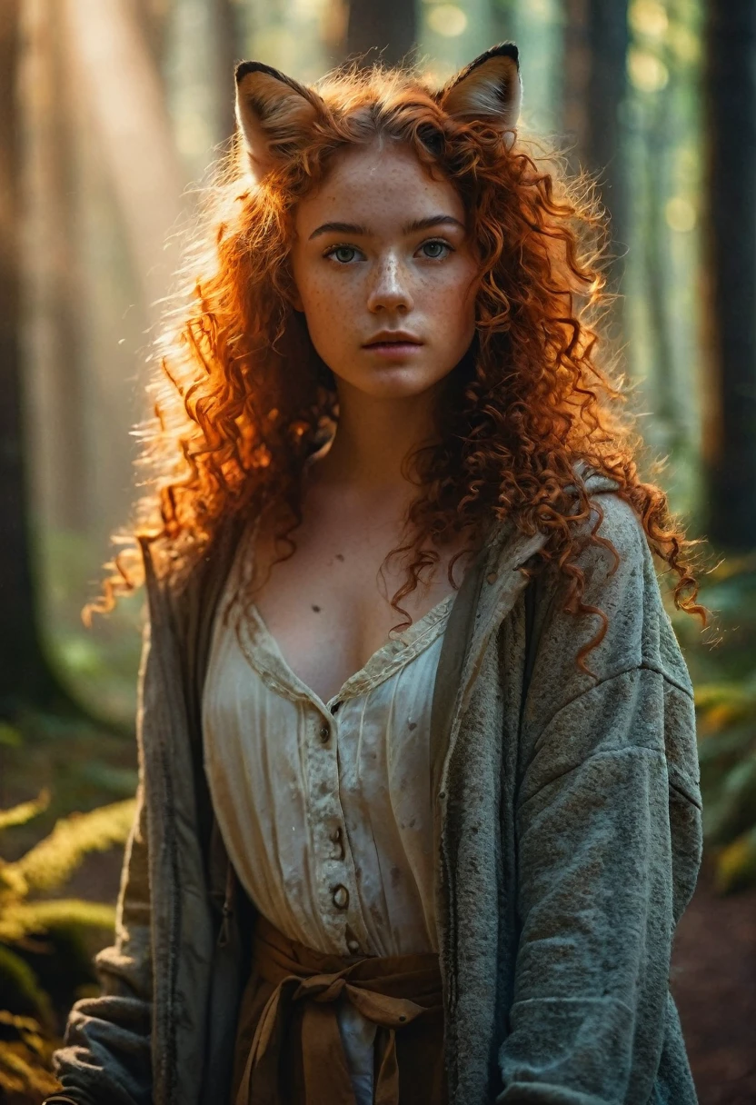 rmx, full body, beautiful girl, similar eyes like a fox, physical rendering photo of an 21 year old girl, curls, freckles, outdoor clothes, inside a forest background, light on face, dream, magical atmosphere, cinematic lighting, embers, fantasy, action pose, mist, CRU photo, 8k uhd, film grain
