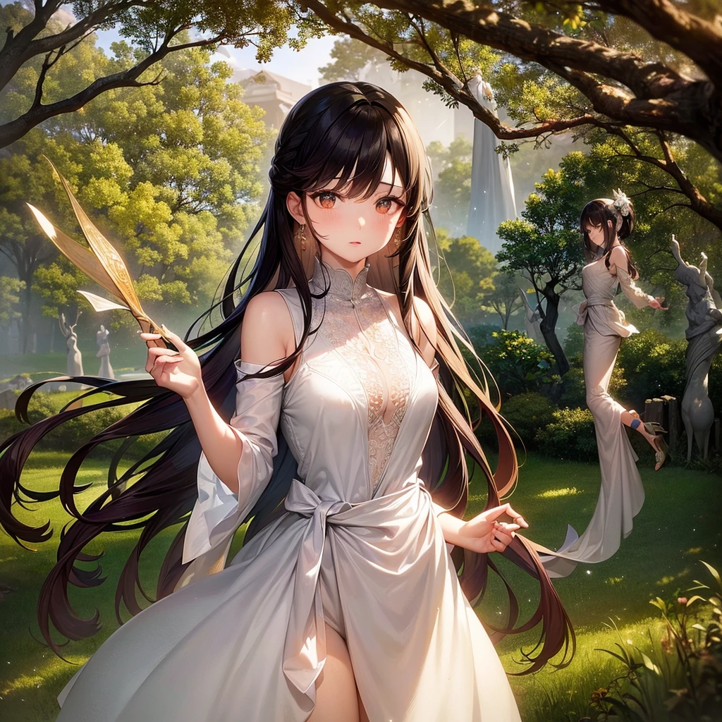 ((RAW Photos)), ((masterpiece)), (Tree Spirit,young woman in a dress,One person:1.3), (Up to the waist:1.2),Intricate details, Front view,View your viewers, beautiful, Fine eyes and lips,White background,Fantasy,Perfect Face, (1 girl),Big shiny clear golden eyes,Long black hair tied up,Erotic perspective,shy,Fantasy,beautiful表情,Detailed facial expressions,Low exposure