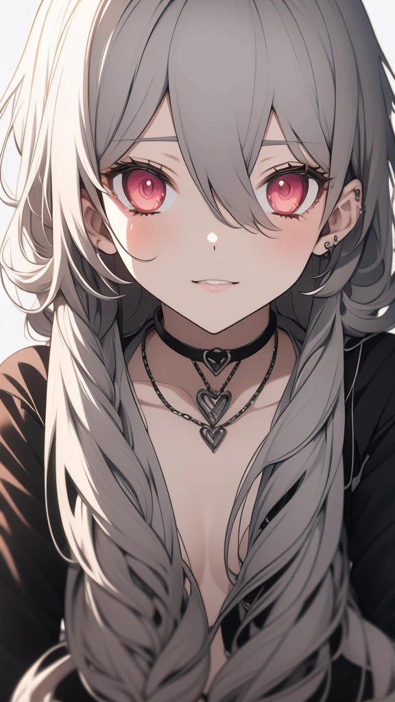 vtuber model, silver hair, grey hair, long hair, messy hair, straight hair, expressive hair, heart-shaped pupils, dilated pupils, embarrassed, blush, heart in eye, naughty, Conceptual art, modern, anime style, anime, reference sheet, multiple views, from behind, from below, from side, UHD, masterpiece, anatomically correct, super detail, textured skin, high details, high quality, best quality, highres, 8k