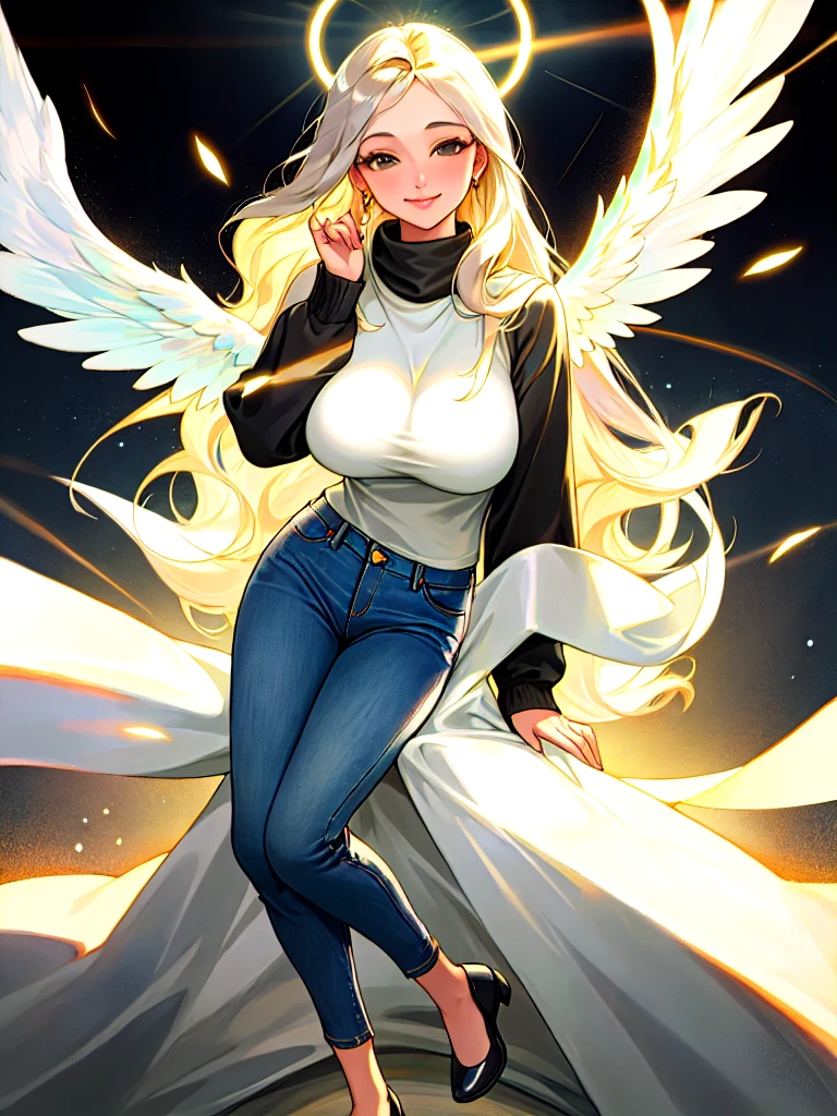 Hyperrealistic image of a young and beautiful woman, full body, big breasts, upturned nose, gray eyes, jeans, black sweatshirt, has angel wings, is smiling, has a ring of light over her head, the ring of light has pearl colors