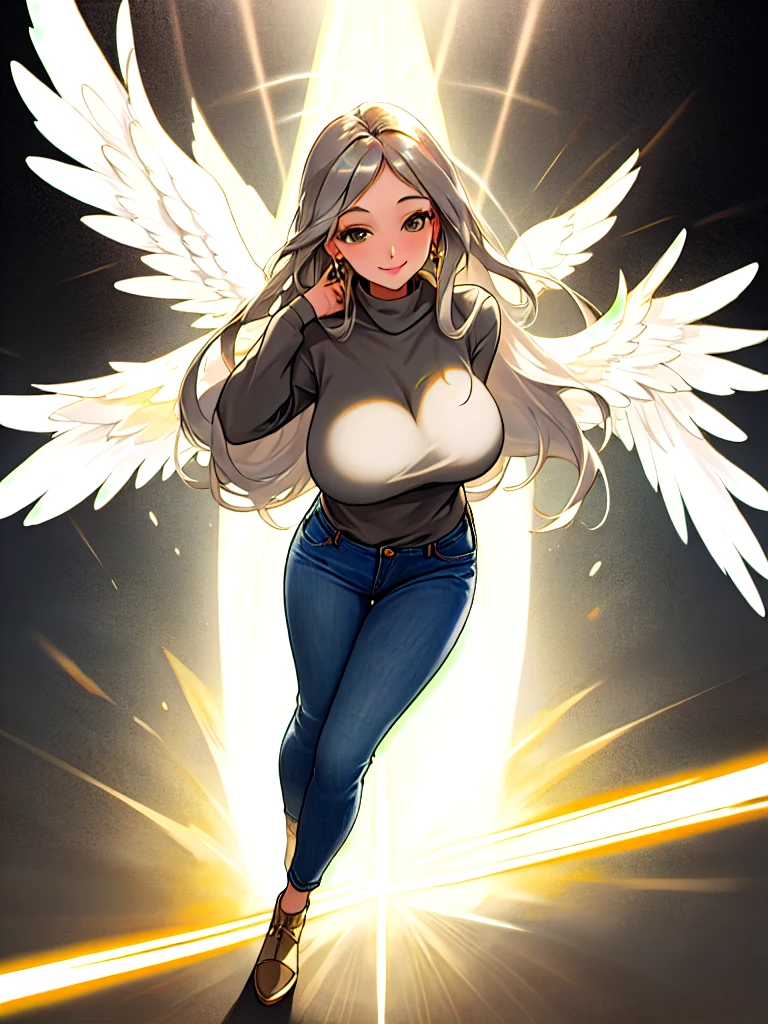 Hyperrealistic image of a young and beautiful woman, full body, big breasts, upturned nose, gray eyes, jeans, black sweatshirt, has angel wings, is smiling, has a ring of light over her head, the ring of light has pearl colors