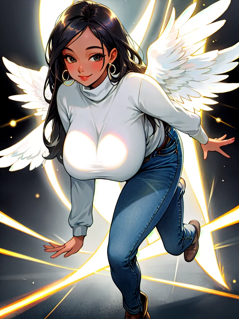 Hyperrealistic image of a young and beautiful woman, full body, big breasts, upturned nose, gray eyes, jeans, black sweatshirt, has angel wings, is smiling, has a ring of light over her head, the ring of light has pearl colors