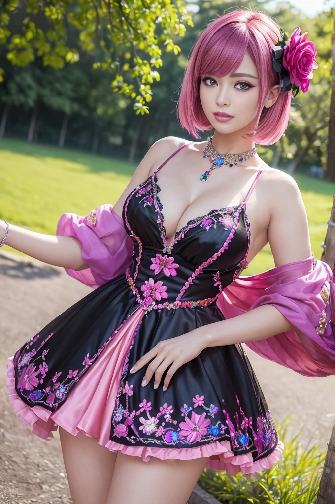 (masterpiece:1.4), (best quality:1.4), ultra high res, ultra high resolution, ((detailed facial features)), HDR, (realistic, photorealistic, photo-realistic:1.37), full body Esbian, sexy swedish model, (-anime), only 1 model, (vivid colors), ((vivid colors multicolor (fuchsia, pink, light purple) very short hair)), ((beautiful smile)), lip-gloss, long lashes, ultra detailed makeup, defined eyebrows, wearing large sparkling colorful jewelery, wearing a red silk Paradise Kiss cosplay dress with black floral embroidery, ((vivid colors outfit)), (vivid colors), look at the camera, cinematic light, large park background with trees, sweet and sexy pose