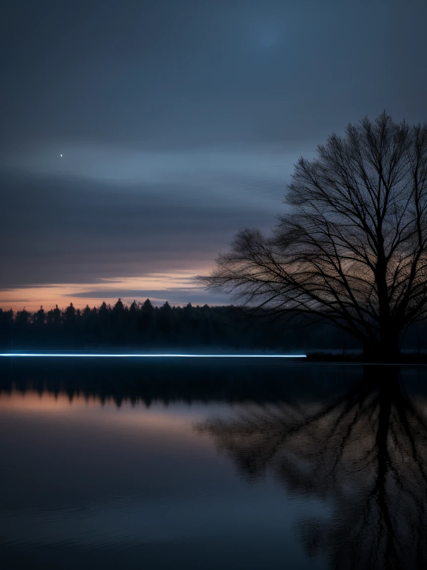 Wallpaper, summer, lake, dawn, forest, clouds, dawn background, depth of field, HD detail, hyperdetail, cinematic, mid night ,dim darkness ,full moon in the Sky behind a tree which has branches only ,a man sitting there enjoying the moment , deep field focus bokeh, ray tracing, diffuse (ultra-fine glass reflection) and realism. --v6