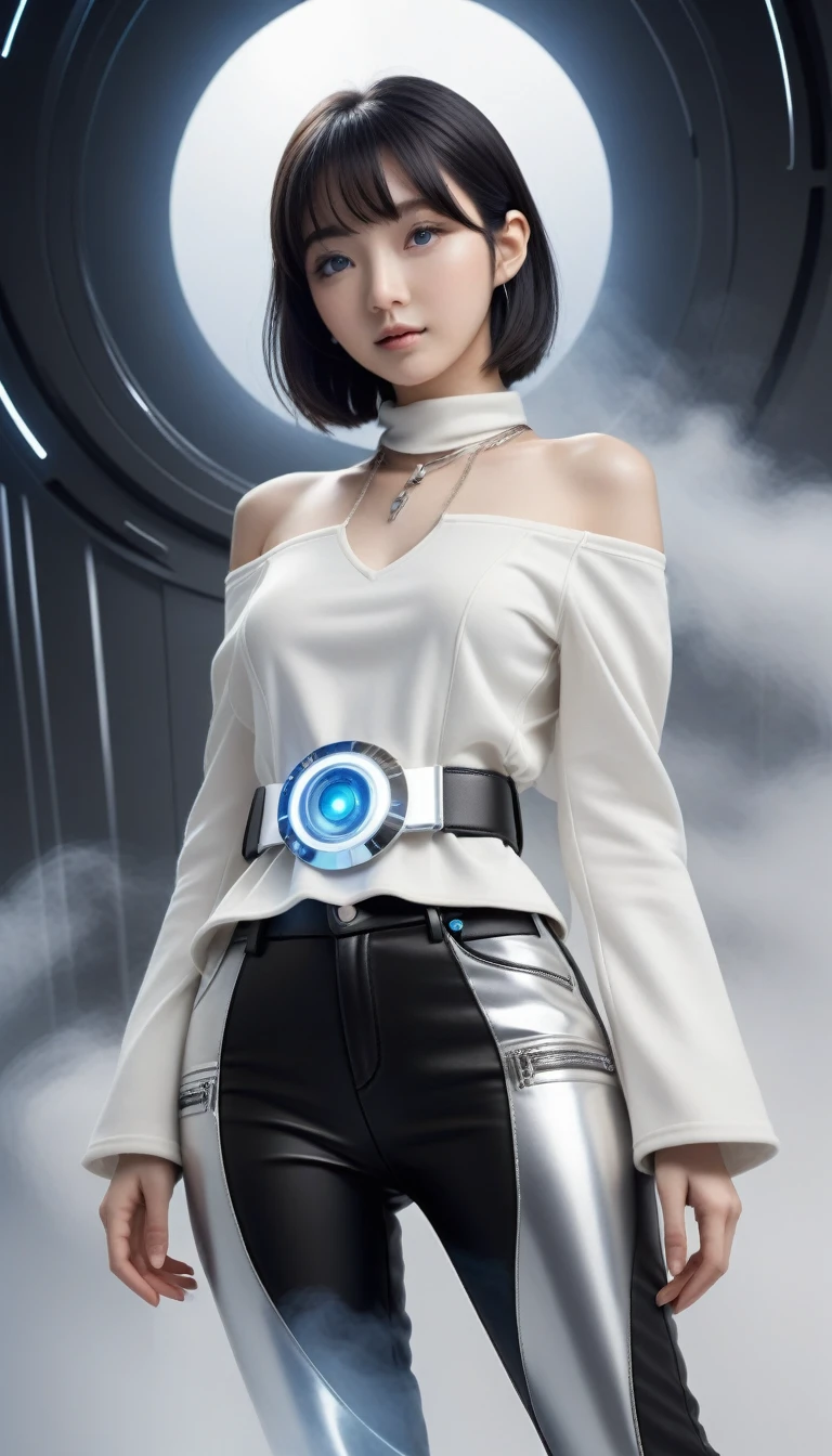 masterpiece, (best quality, Perfect details:1.4), Practical, full-body shot,
rest
beautiful Pretty and cute Japanese luna Girl, IG model, Attractive figure, April Rendering, full-body shot, permanent,
rest
(Detailed wear, Full body wear:1.2),
(High-tech futuristic wallet top:1.4), (Wear it with black trousers:1.6),(Heavy futuristic platform high-top sneakers:1.4),(Stacking silver bracelets:1.2), (Silver necklace:1.2), (Futuristic silver belt with pendant:1.3),(Future technology theme:1.3),
rest
(Detailed Medium breasts, Detailed body lines, Leg and calf details), (Ultra-slim waist, Medium breasts, Medium buttocks, Beautiful sexy legs:1.2), White, beautiful and silky skin, Black short hair, Small head,
rest Small head, Delicate face, Cute and pretty slim face, Duckbill, Perfect beautiful teeth, blue eyes, Half open eyes, Shining eyes, Viewers,
In specific, FOG, mist, Steem