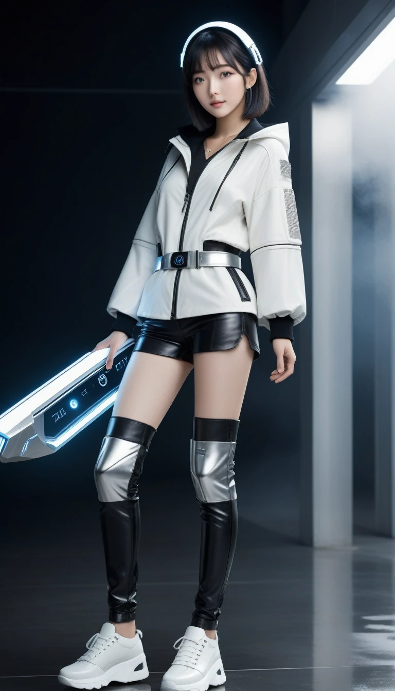 masterpiece, (best quality, Perfect details:1.4), Practical, full-body shot,
rest
beautiful Pretty and cute Japanese luna Girl, IG model, Attractive figure, April Rendering, full-body shot, permanent,
rest
(Detailed wear, Full body wear:1.2),
(High-tech futuristic wallet top:1.4), (Wear it with black trousers:1.6),(Heavy futuristic platform high-top sneakers:1.4),(Stacking silver bracelets:1.2), (Silver necklace:1.2), (Futuristic silver belt with pendant:1.3),(Future technology theme:1.3),
rest
(Detailed Medium breasts, Detailed body lines, Leg and calf details), (Ultra-slim waist, Medium breasts, Medium buttocks, Beautiful sexy legs:1.2), White, beautiful and silky skin, Black short hair, Small head,
rest Small head, Delicate face, Cute and pretty slim face, Duckbill, Perfect beautiful teeth, blue eyes, Half open eyes, Shining eyes, Viewers,
In specific, FOG, mist, Steem