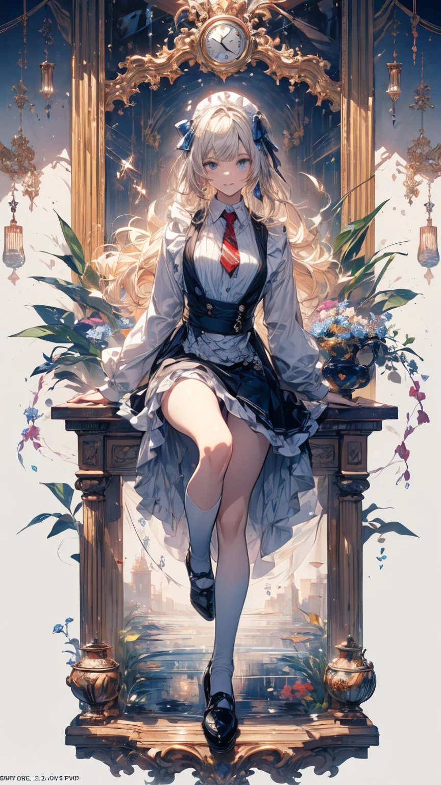 (high quality, mystery, Beautiful and generous, Ideal body proportions, Impressionism), (Ultra-high resolution, 8K Original Photo, Photorealism, Natural Lighting, Textile Shading), (1. A:1.3, Solitary:1.5, :1.1), (Fractal Pattern Art:1.2), Smooth skin, Tile pattern, ((Alice in Wonderland:1.2, Girl floating in the air:1.5, Smile with half-closed eyes)), ((Flying cards, trump card, Floating teacups, Floating teapot, Pocket Watch:1.3, Large mirror, Lipstick)), Cute anime white rabbit, ((Dark blue dress :1.5, mini skirt, White apron, White socks)), (Platinum gold, Tie your hair with a ribbon), (blue eyes, Bright students and highlights, Delicate eyes), (Supine:1.2, Lean Back:1.2, Leg lift:1.3), ((Hook of Holland:1.5, whole body:1.3, From below)), Different tone wallpaper, Color images, Simple background, excellent, fantasy:1.5, ((Correct anatomy:1.5, The right hand))