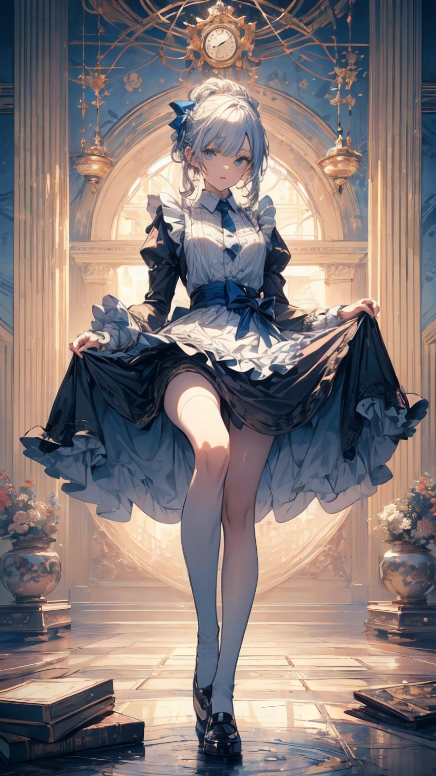 (high quality, mystery, Beautiful and generous, Ideal body proportions, Impressionism), (Ultra-high resolution, 8K Original Photo, Photorealism, Natural Lighting, Textile Shading), (1. A:1.3, Solitary:1.5, :1.1), (Fractal Pattern Art:1.2), Smooth skin, Tile pattern, ((Alice in Wonderland:1.2, Girl floating in the air:1.5, Smile with half-closed eyes)), ((Flying cards, trump card, Floating teacups, Floating teapot, Pocket Watch:1.3, Large mirror, Lipstick)), Cute anime white rabbit, ((Dark blue dress :1.5, mini skirt, White apron, White socks)), (Platinum gold, Tie your hair with a ribbon), (blue eyes, Bright students and highlights, Delicate eyes), (Supine:1.2, Lean Back:1.2, Leg lift:1.3), ((Hook of Holland:1.5, whole body:1.3, From below)), Different tone wallpaper, Color images, Simple background, excellent, fantasy:1.5, ((Correct anatomy:1.5, The right hand))