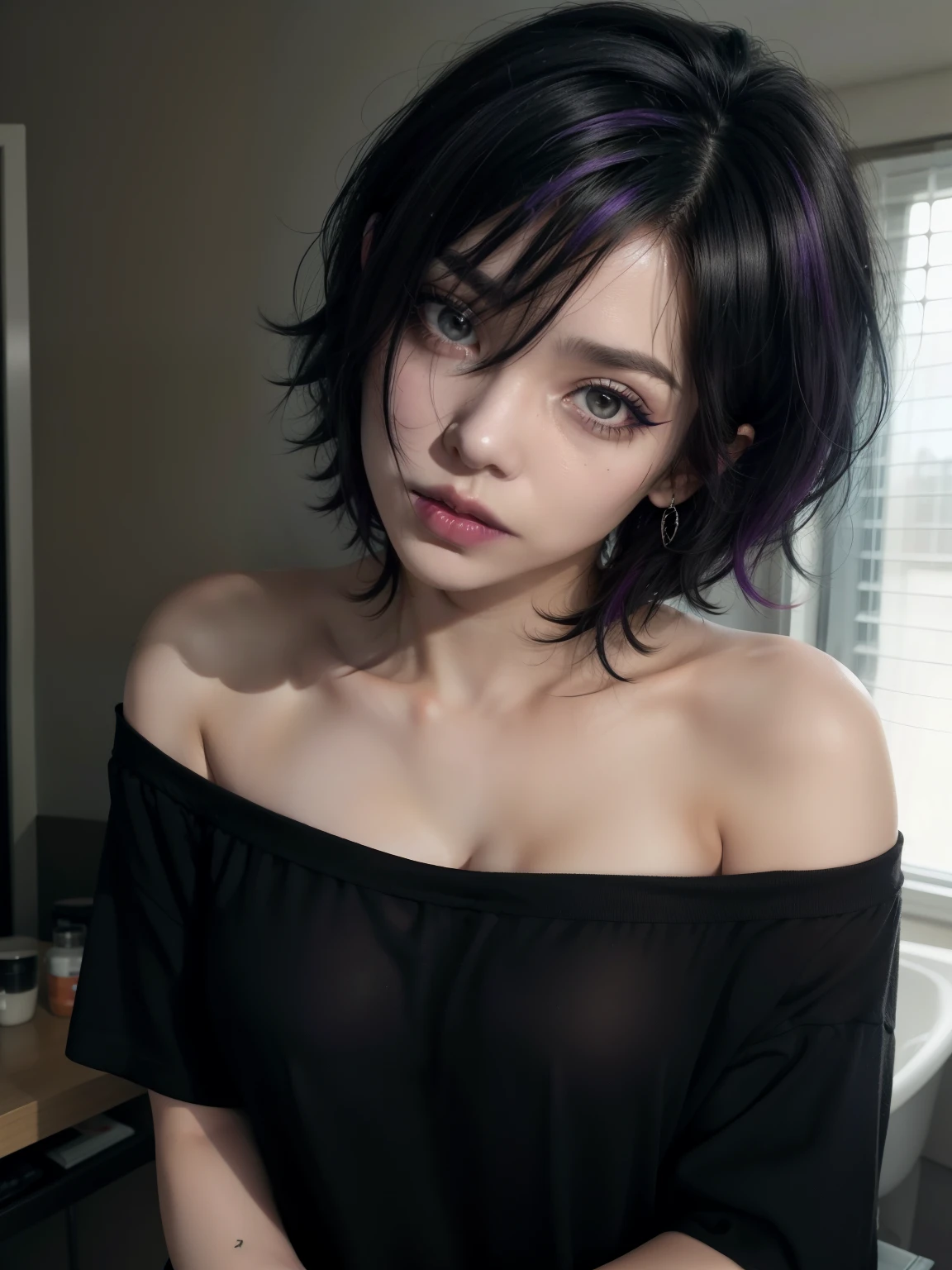score_9, score_8_up, score_7_up, score_6_up, score_5_up, score_4_up, 1girl, emo, scene hair, emo hair, short hair, black hair purple highlights, black shirt, off the shoulder, black lips, black lipstick, indoors, goth, goth makeup, eyeliner, mascara