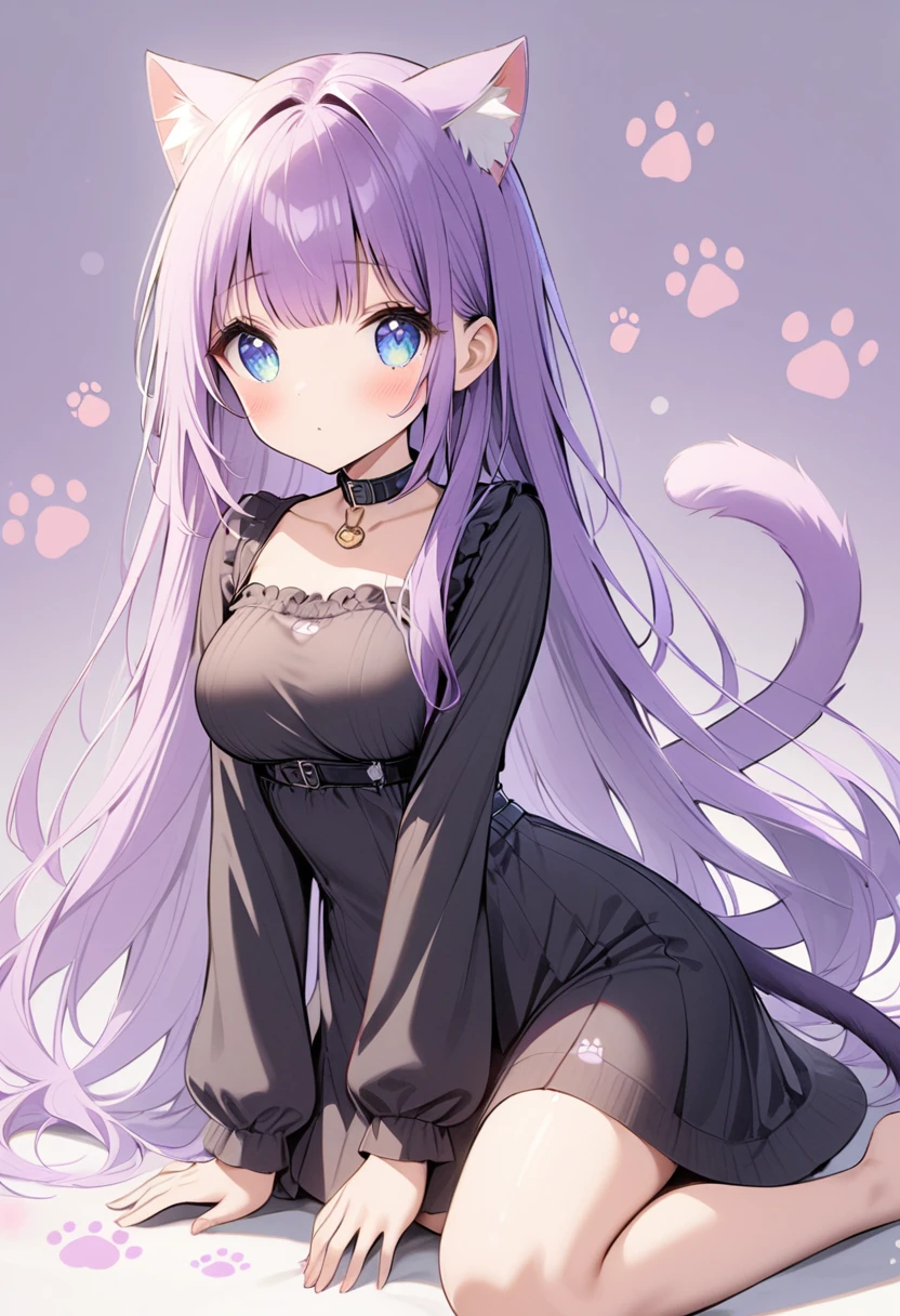 1girl, Blue eyes, Long Hair, Bangs, Purple Hair, Breasts, black collar, cat ears, purple cat tail, black clothes, paw prints, light blush, fully body