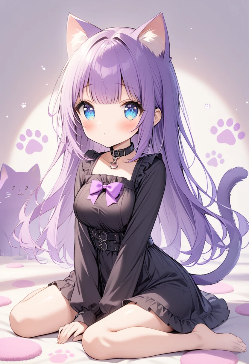 1girl, Blue eyes, Long Hair, Bangs, Purple Hair, Breasts, black collar, cat ears, purple cat tail, black clothes, paw prints, light blush, fully body