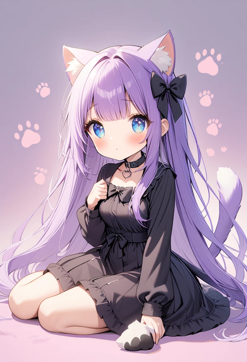 1girl, Blue eyes, Long Hair, Bangs, Purple Hair, Breasts, black collar, cat ears, purple cat tail, black clothes, paw prints, light blush, fully body