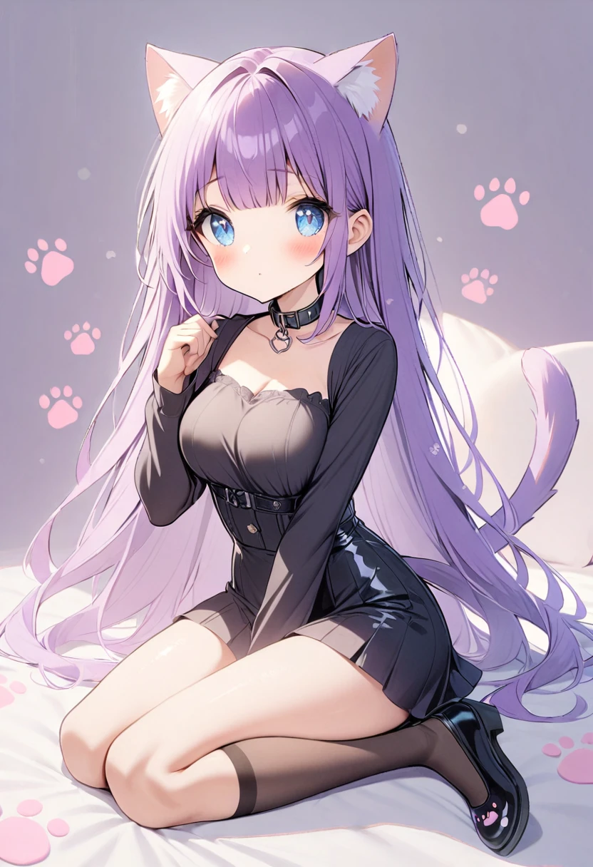 1girl, Blue eyes, Long Hair, Bangs, Purple Hair, Breasts, black collar, cat ears, purple cat tail, black clothes, paw prints, light blush, fully body