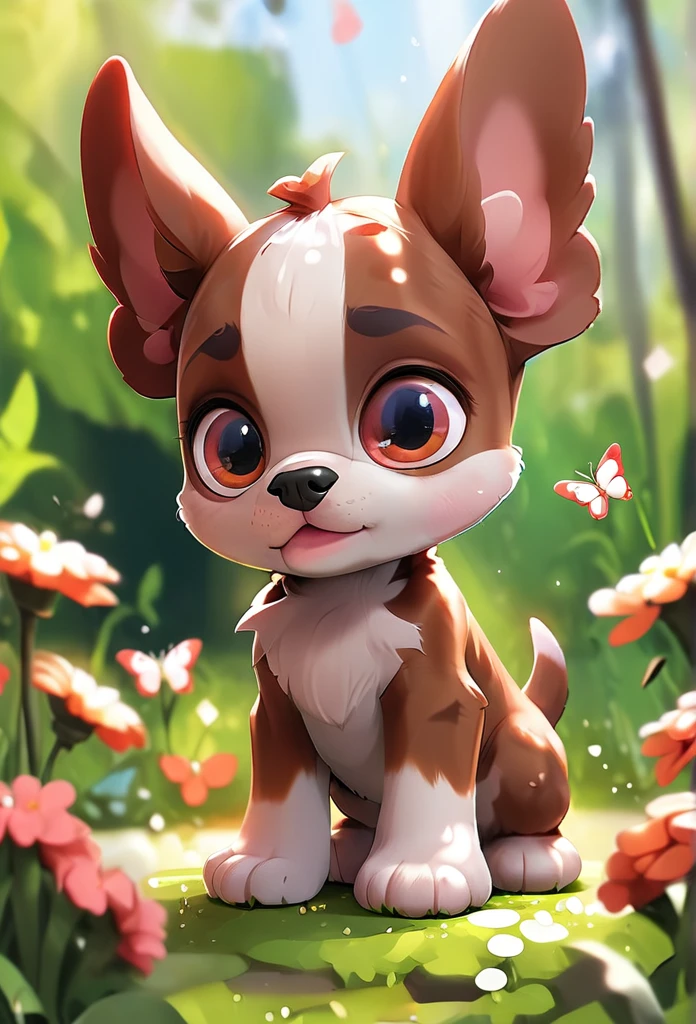 Adorable small red boston Terrior puppy playing at park butterflies and flowers in background 3D Pixar style
