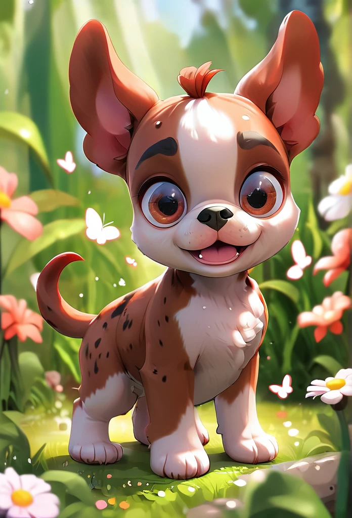 Adorable small red boston Terrior puppy playing at park butterflies and flowers in background 3D Pixar style