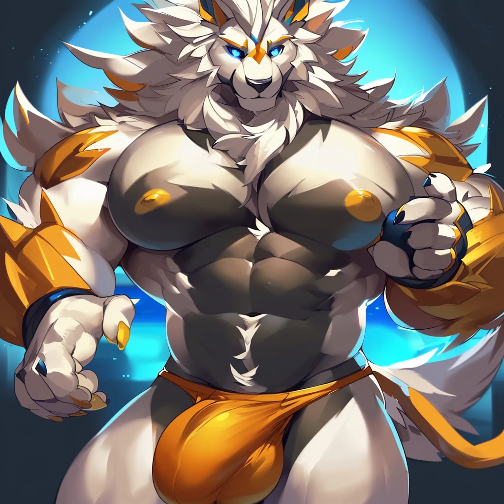 Solo, Anthro, male (((solgaleo, lion, blue sclera, muscular, big pecs, abs, yellow nipples, white fur, black body, black nose, multicolored body, multicolored fur, multicolored mane, white mane, mane, grey pecs, black chest, black abdomen, white arms, white legs, 5 fingers, tail, white tail, yellow tipped tail, markings, orange tipped mane, orange speedo, big bulge))) standing, pokemorph, biped ((focus grey abdomen, focus solgaleo, focus grey chest)) full body, perfect anatomy, by darkgem, by mystikfox61, by glitter trap boy