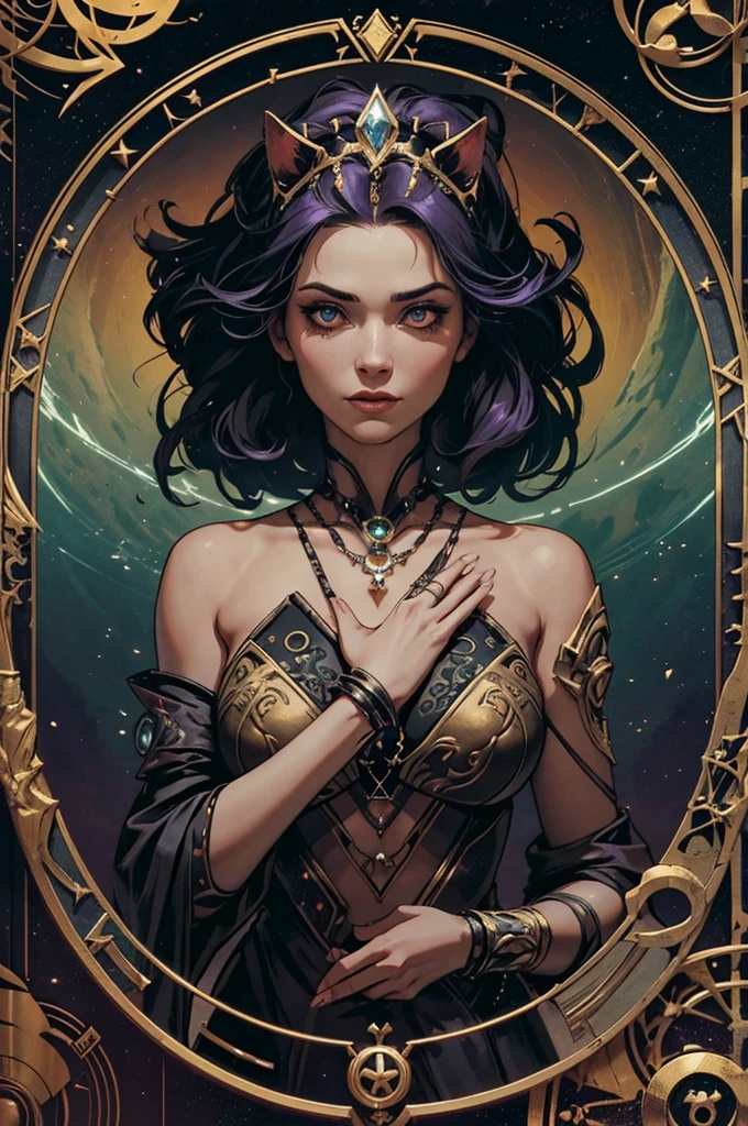 depicts a modern-day witch who has embraced the world of cybernetics to enhance her magical abilities. The artwork should convey the enchanting blend of traditional witchcraft and futuristic technology. Here are some specific elements to include: The Witch's Lair: The setting should be a cozy yet slightly eerie room, filled with magical books, crystal balls, potion ingredients, and antique furnishings. The room should be dimly lit by candles and a soft, mystical glow emanating from her cybernetic enhancements. The Cyborg Witch: The central focus of the artwork is the witch herself. She's a striking figure with a mix of traditional witch attire and cybernetic enhancements. Her clothing should have a witchy, occult aesthetic, with flowing robes, a pointed hat, and an intricate pentagram necklace. Her arms, however, have been upgraded with cybernetic components that incorporate magical symbols and glowing runes. Magical Interface: The witch is in the midst of casting a spell, with a holographic, touch-screen interface floating before her. This interface includes spell incantations, arcane symbols, and digital components, demonstrating her fusion of magic and technology. Spell Ingredients: On a nearby table, there should be a collection of spell ingredients, like herbs, potions, and magical artifacts. Some of these items may have been modified with cybernetic enhancements, blurring the line between the natural and the technological. Familiar: The witch's familiar, perhaps a cat or raven, should be present in the scene, serving as her magical companion. The familiar could also have subtle cybernetic enhancements or glowing eyes. Glowing Runes: The room should be adorned with ancient symbols and glowing runes on the walls and floor, contributing to the magical atmosphere. Aetherial Lighting: Use a combination of mystical, ethereal lighting and cybernetic glows to create a captivating interplay of light and shadow. The contrast between the tradit