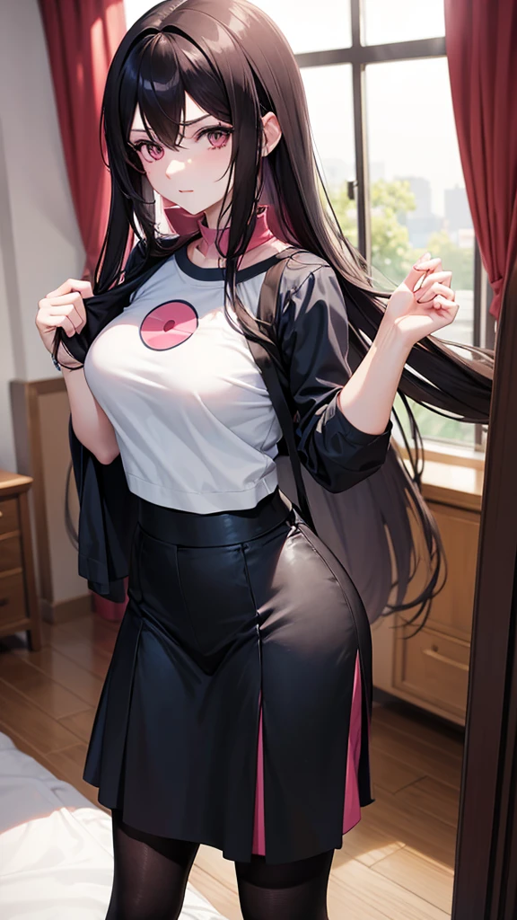 An anime woman 25 years old, medium wavy black hair, pink eyes, medium chest, wearing a white bikibi posing in her room, touching his chest