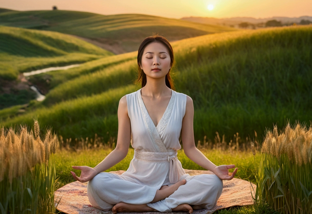 Realistic style, this photo depicts a Chinese woman gently closing her eyes, beautiful, confident, with a beautiful figure, looking straight, with beautiful facial features, sitting cross legged in a peaceful environment, on a hillside, with flowers, wheat fields, a small stream, and a wide-angle lens. She is meditating in a peaceful environment. The woman was wearing a white dress, adding a calm atmosphere to the scene. The sun sets in the background, casting a warm glow in the scene, sitting on the grass lost in thought. High quality, high detail, 8K resolution