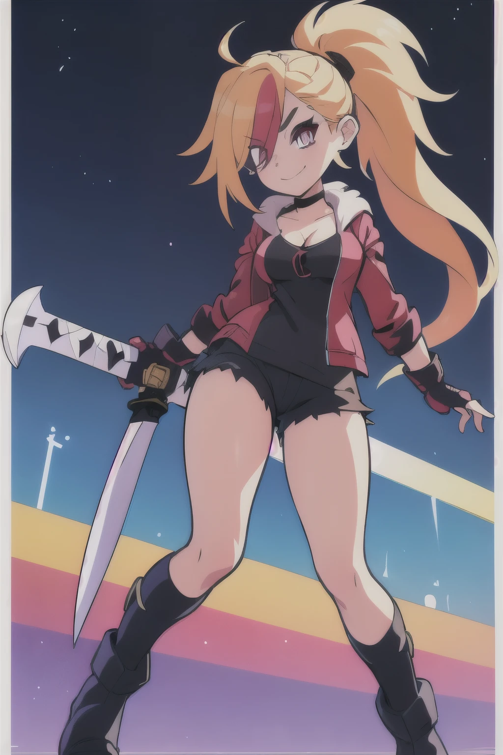 (best quality:HD, Colorful, 3D, 3d render , cartoon, 1.2),solo,1girl,mdrin,smile,looking at viewer,lovely pose, ponytail,v-shaped eyebrows,red jacket, ultra detailed face, cleavage , fingerless gloves,black shorts , rooftop, night sky, dark night,background,  colorful tones, Hair over one eye, ultra long hair, standing on hooftop, long boots, long ponytail, blonde, holding a perfect katana sword,