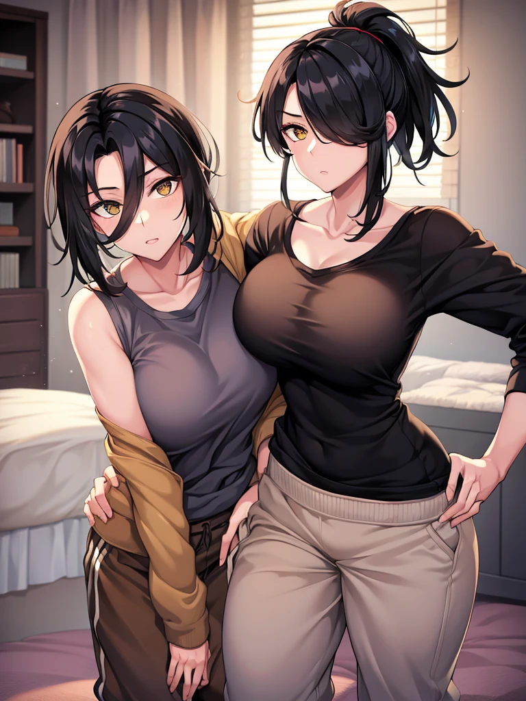 mature woman, hair over one eye, golden eyes, Tomboy, sweatpants, looking at viewer, shoulder-length black hair, off shoulder, bedroom, hand on hip, messy hair, standing