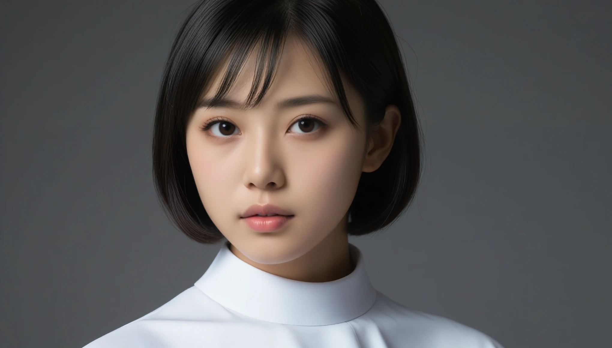 8k, Ultra-high resolution, Highest quality, masterpiece, 三分割法によるphotograph,Surreal, photograph, 1 Girl, (16 years old:1.3), pretty girl, Cute Face, Beautiful eyes in every detail, 細かくdetailedに,masterpiece,One Girl:1.2, Japan Female Announcer,extream close up,sad,streaming tears,Black short hair,Messy hair,(Nun's clothing:1.3),(印象派の美しい少女のPortraiture), (Gray background:1.3),(Impressionist light and colour),prayer,Realistic Skin, Perfect and beautiful face ,完璧でCute Face, Skin with attention to detail, Perfect limbs、Narrow waist,Looking at the audience、beauty,Long neck,clavicle,(((Ideal body type))),A cup small breasts :2,Portraiture:2,Perfect Anatomy,鮮明なdetailed,detailed,Surreal,Light and shadow,spotlight
