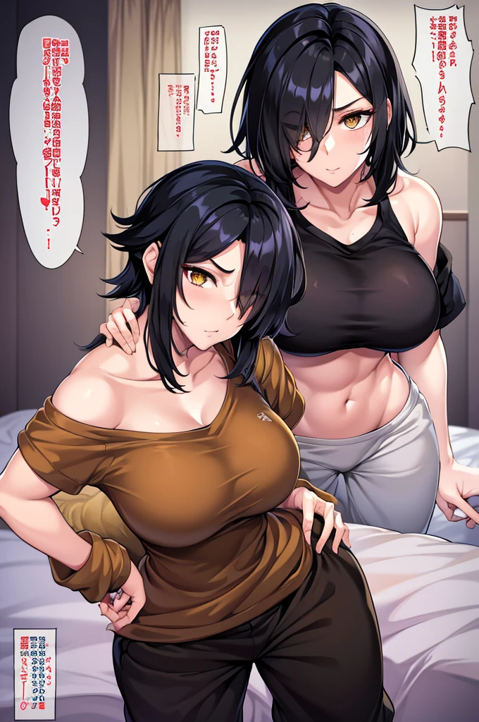  woman, hair over one eye, golden eyes, Tomboy, sweatpants, looking at viewer, shoulder-length black hair, off shoulder, bedroom, hand on hip, messy hair, standing
