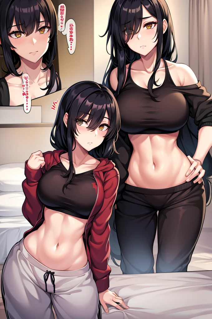 mature woman, hair over one eye, golden eyes, Tomboy, sweatpants, looking at viewer, shoulder-length black hair, off shoulder, bedroom, hand on hip, messy hair, standing