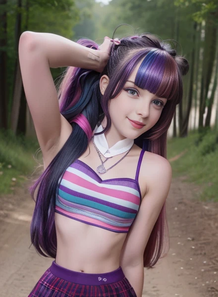 (masterpiece, The best quality, fotorrealist, High Resolutions, Director of photography, :1.3), Selfie photo of upper body, Sharp focus, 1 chica sexy, cute school girl  , teen model, 16 year old teenager midriff, hermosa modelo adolesente , Highly detailed turquoise eyes and pupils, tiene senos grandes , slim body shape, neckline, extremely detailed hair, They're smiling, sexy, ((realist, super realistic, realism, Detalles realists)) mlp , Twilight Sparkle , mlp , cute makeup ,Red lips , nariz pequeña , long purple hair with pink highlights , long purple hair with pink highlights , pony tail ,  Whole body , smiling for the viewer , outfit gotico sexy , ropa de motociclista ,  Equestria girls  ,  cuerpo completo , guiña el ojo de forma seductora , parque , atardecer , motocicleta