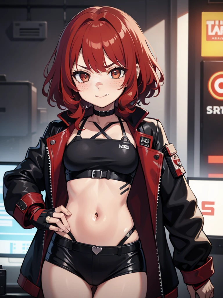 1 girl, Red hair, blushing, short length hair, curly hair, freckles, angry smile, brown eyes, body shape, fighter, small breasts, black choker, fingercut gloves, belly showing, cyberpunk jacket