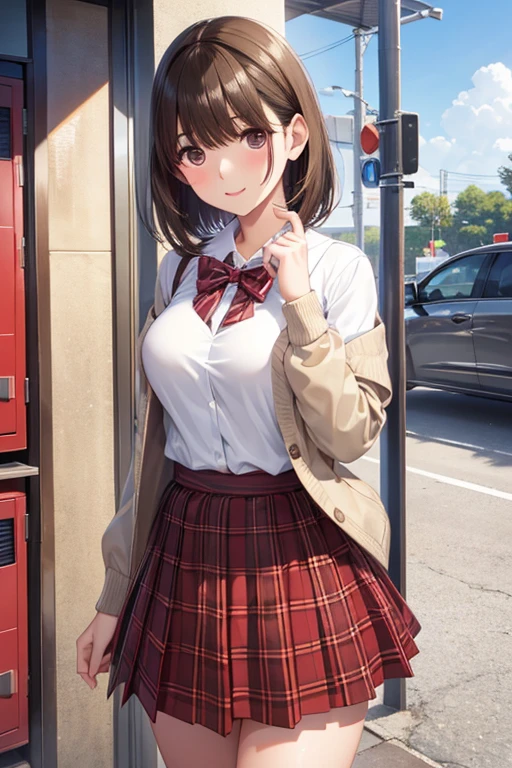 anegasaki nene、Shiny brown hair, short hair, (Beautiful brown eyes、Sparkling eyes, Fine grain)、smile、Ultra-detailed eyes、非常にDetailed face, Very detailed目,



masterpiece, Highest quality, Highest quality, Beautiful and aesthetic:1.2), Very detailed, Detailed clothing, Detailed clothing, Detailed face, 

, Red Check Red Skirt, cardigan,  alone, View your audience, high school, locker, Young people,  stylish, White top