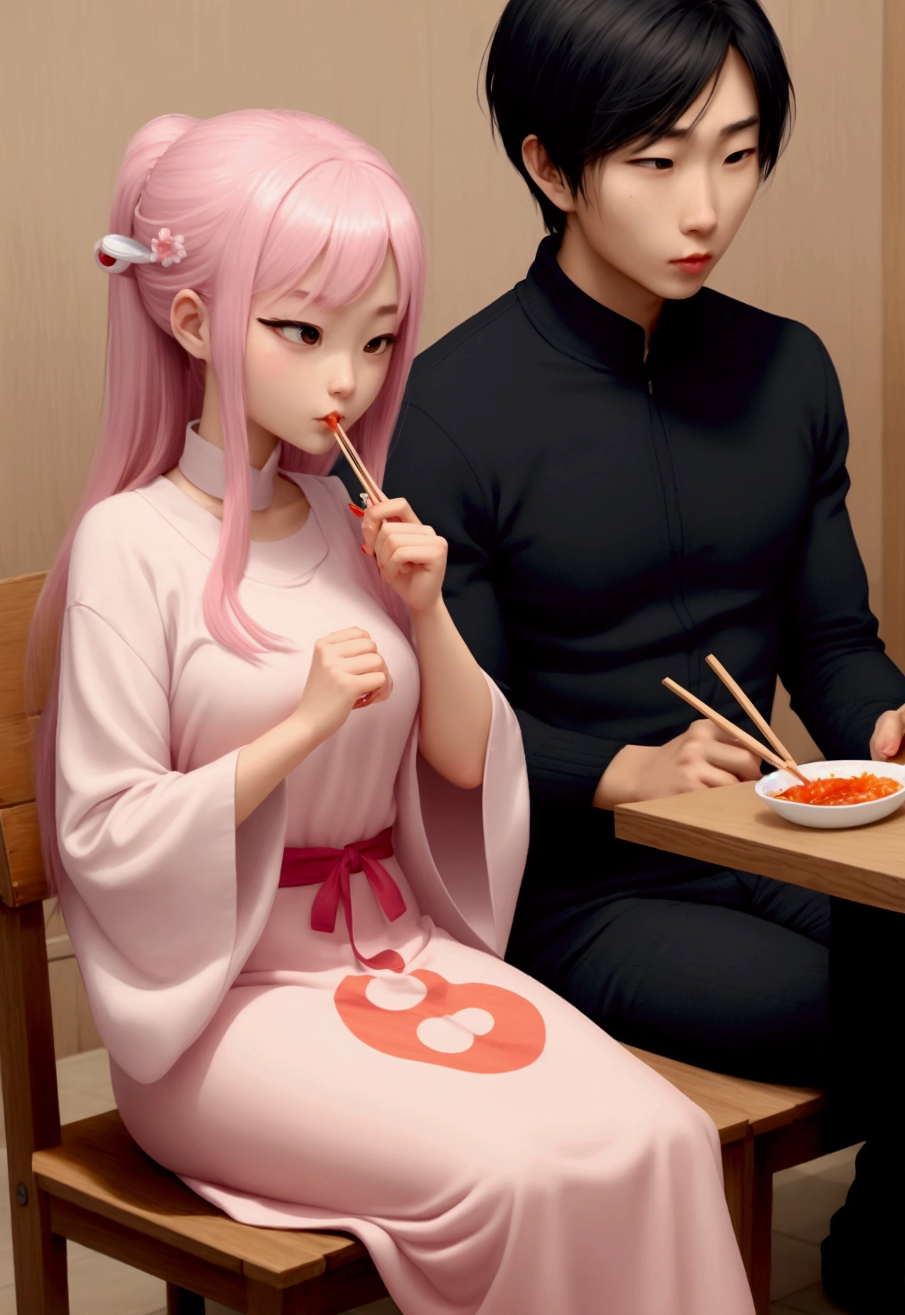 boyfriend feeding his girlfriend sushi with chopsticks, casual clothing, shy, stools. (1girl, 1boy) (masterpiece)