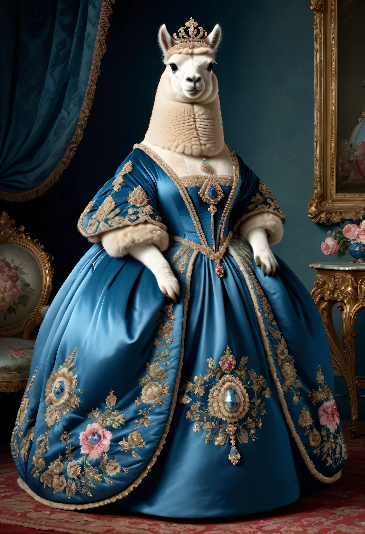 photorealistic portrait of Dressed animals - a ((fat)) (alpaca) princess, (full body image:1.5),(elegant pose:1.5) Wearing luxury sack-back gown,(wearing luxury tiara),(hands on hips:1.5), Old-fashioned luxury  loyal blue dress, detailed and opulent description of a loyal aristocratic sack-back gown in Rococo , emphasizing luxurious fabrics, intricate embroidery, and ornate accessories, Rococo style king palace  background,(looking at viewer:1.5),score_9, score_8_up, score_7_up, score_6_up, score_5_up, score_4_up,