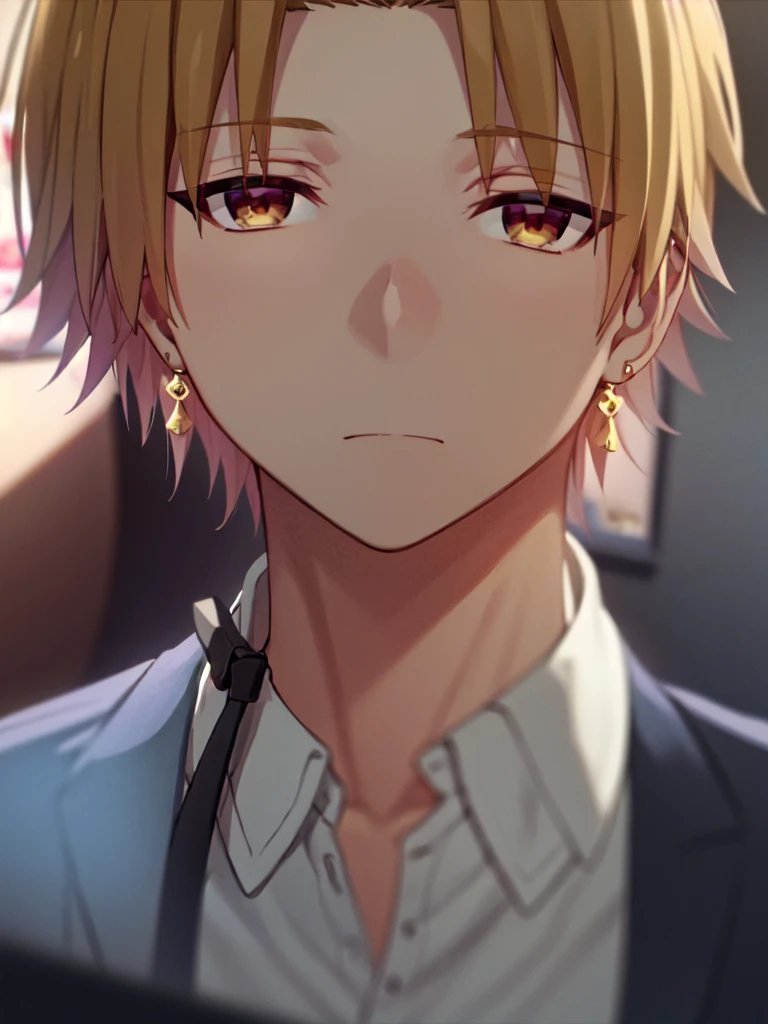 Masterpiece, best quality, 1boy, upper body, necktie, ((black earrings)), closed mouth, simple backround, blonde hair, short hair, brown eyes, from above, looking at viewer, face