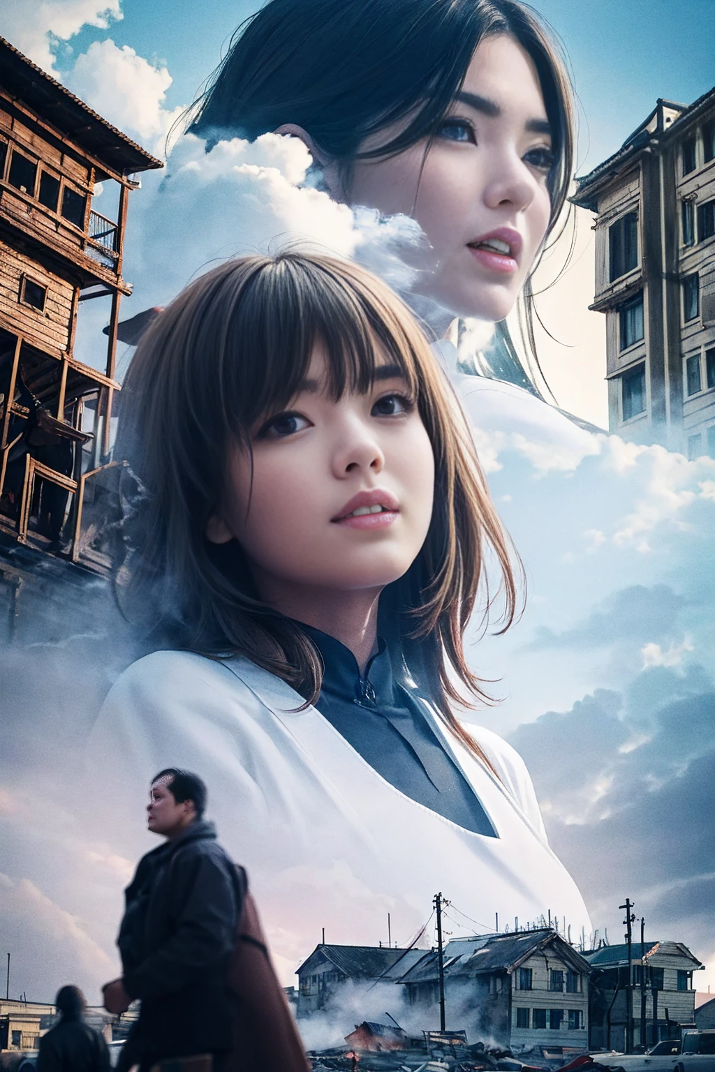 Horrorな雰囲気、Towering Giant、Woman who brings disaster、A powerful and impressive image、Accurate female body、Human body、giantess、A woman bigger than a building、The growing human body、Giantess、The Devil's Outfit、Giant Devil、Villainess、Bad guy、Messenger from Hell、walk、masterpiece、Detailed illustrations、precise illustration、High quality、Japanese、smile、smile、Cute woman、Long Hair、Open your mouth、Low - Angle、Small Town、A small city in ruins、都市のLow - Angleの遠景、Flying debriasterpiece、Anatomically correct、sand smoke、Smoke is rising、Building burns、Gloomy Weather、night、Horror、Catastrophe、thunder、storm、rain、person looking up from below々