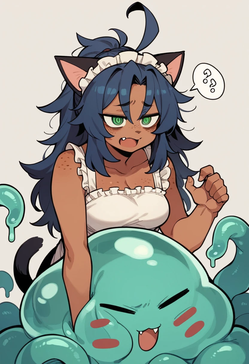best quality, perfect anatomy, solo, 1girl, green eyes, @_@, bags_under_eyes, skin fang, dark blue hair, brown skin, long hair, messy hair, parted bangs, long sidelocks, ponytail, freckles, ahoge, medium breasts, plump, absurdres, livestream, maid, cat_ears, cat_tail, slime, tentacle,