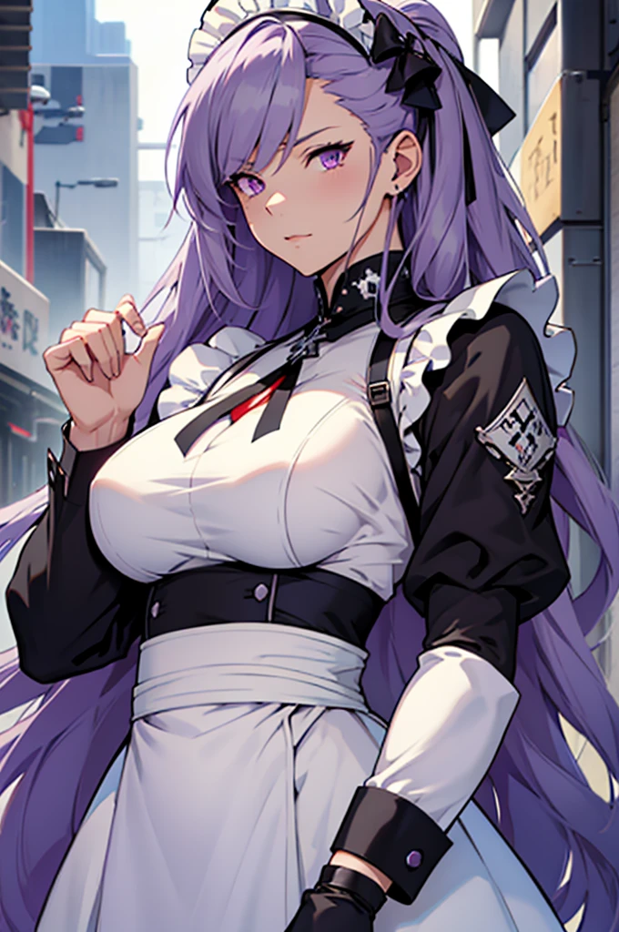 A woman, long dark gray hair, Maid, purple eyes, azur lane anime character, Belfast 