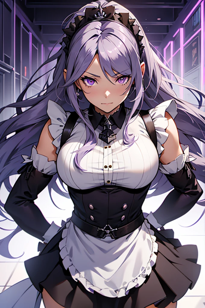 A woman, long dark gray hair, Maid, purple eyes, azur lane anime character, Belfast 