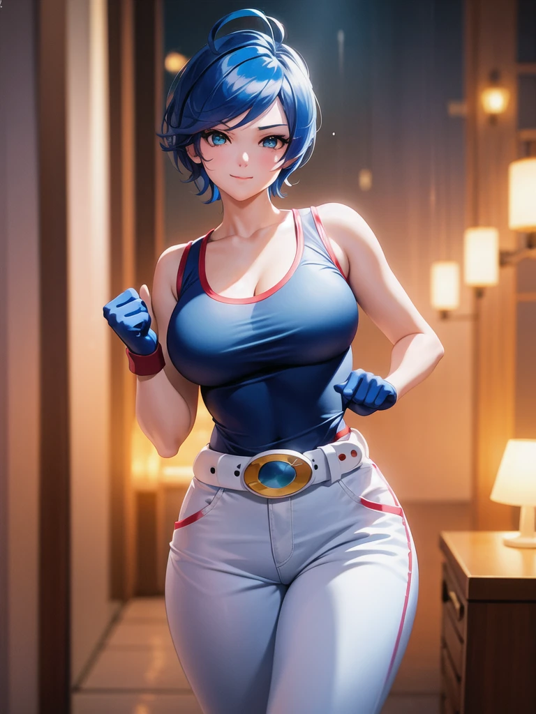 (at night), in a video game scene, a background of a beautiful city during the day raining, standing at attention, semi-short blue hair, blouse with an anime frog face, white flared pants, wearing blue fingerless exercise gloves, has round goggles on her head, huge belt with a round eyeglass, ((blue hair)), 1 girl, alone, 20 years old, young woman, perfect hands, beautiful fingers, beautiful long legs, beautiful body, beautiful nose, beautiful design of characters, perfect face, looking at the viewer with serious gesture (focusing on his face), closed mouth, Light_Smile, official art, extremely detailed CG unity 8k wallpaper, perfect lighting, bright and colorful front lighting, glowing skin (masterpiece : 1.0), (best_quality: 1.0), ultra high resolution, 4K, ultra detailed photography, 8K, HDR, high resolution, nonsense:1.2, Kodak portra 400, film grain, background blur, bokeh:1.2, lens flare, (vibrant_color:1.2), professional photography, (beautiful_face: 1.5), (narrow waist),