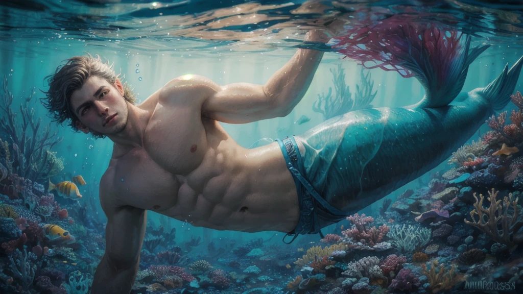 iridescent male ((merman)) merging with bioluminescent jellyfish, perfect underwater photography by Mike Dargas, Anna Ditmann, dull and wet colors, intricate work of art, Awesome, Awesome, beautiful, Capricious, intense backlight, underwater portrait, masterpiece de ensueño del jefe de ingeniería rápida, masterpiece, intricate details, (surreal), ((oil painting \(half\))), Fantasy Art, Conceptual art, Lt. Greg Rutkowski