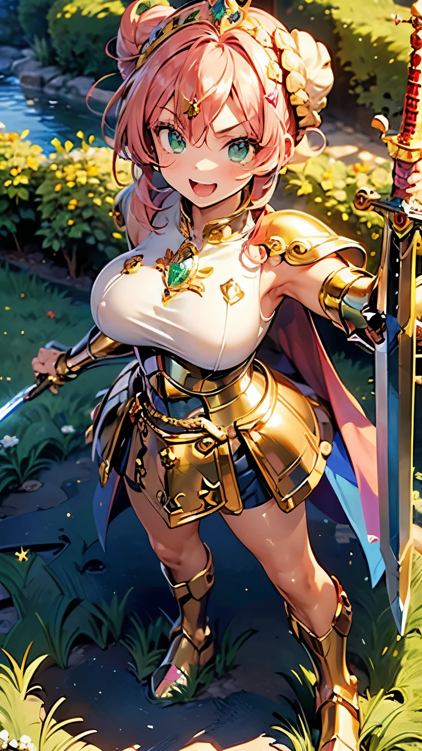 best quality, (masterpiece:1.3), absurdres, highres,16k, ultra high res, official art, illustration,extremely detailed, 1girl, solo, full body, 20yo,
delicate lines tailed face,(top knot bun :1.5), (parted bangs:1.2),
(beautiful pink hair:1.2), (shiny hair:1.2), (beautiful green eyes:1.2), (shiny eyes:1.2), (large breasts), (gleaming skin:1.4),
looking at viewer, simple background, (from below), in castle,
standing, (dynamic pose), serious with open mouth,
(brave lady), (fantasy), (armor, sword, shield, crown, boots, cape:1.5)