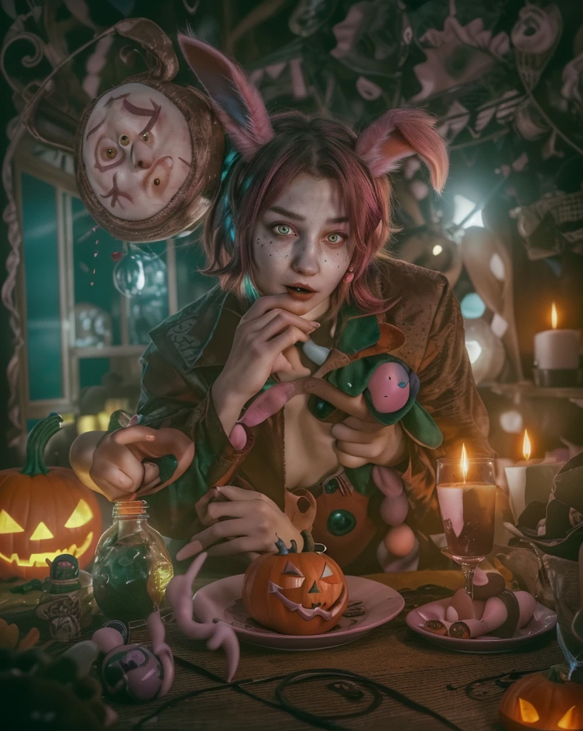 Create a dark and fantastic image of a person with the face of Jungkook from BTS. The left eye should be light blue with a green center., and the right eye is red. The boy has pink rabbit ears and fangs. Half of her hair is pink and the other half is reddish orange.. He is dressed as a clown and his skin is light. The scene must be disturbing, with elements like a pumpkin, a stuffed animal and peculiar foods on the table. The background should include whimsical decorations and lights
