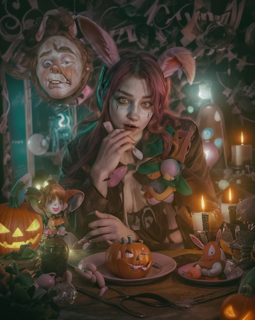 Create a dark and fantastic image of a person with the face of Jungkook from BTS. The left eye should be light blue with a green center., and the right eye is red. The boy has pink rabbit ears and fangs. Half of her hair is pink and the other half is reddish orange.. He is dressed as a clown and his skin is light. The scene must be disturbing, with elements like a pumpkin, a stuffed animal and peculiar foods on the table. The background should include whimsical decorations and lights